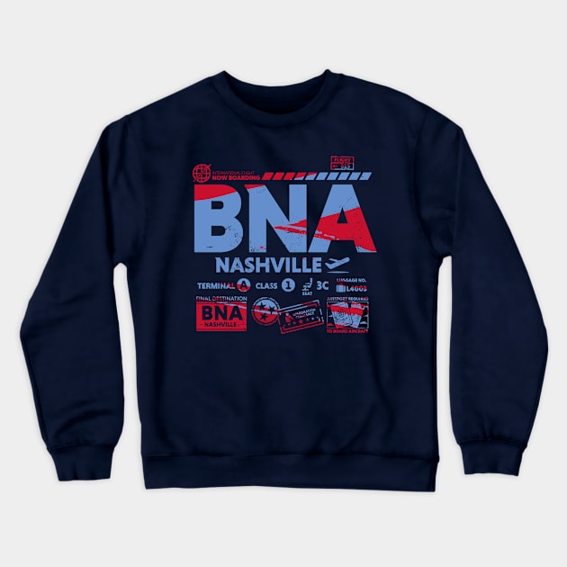 Vintage Nashville BNA Airport Code Travel Day Retro Travel Tag Crewneck Sweatshirt by Now Boarding